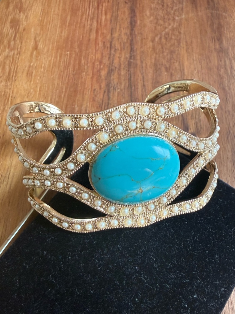 Monet Gold-Tone Cuff Bracelet with Faux Turquoise Center and Pearl Accents New